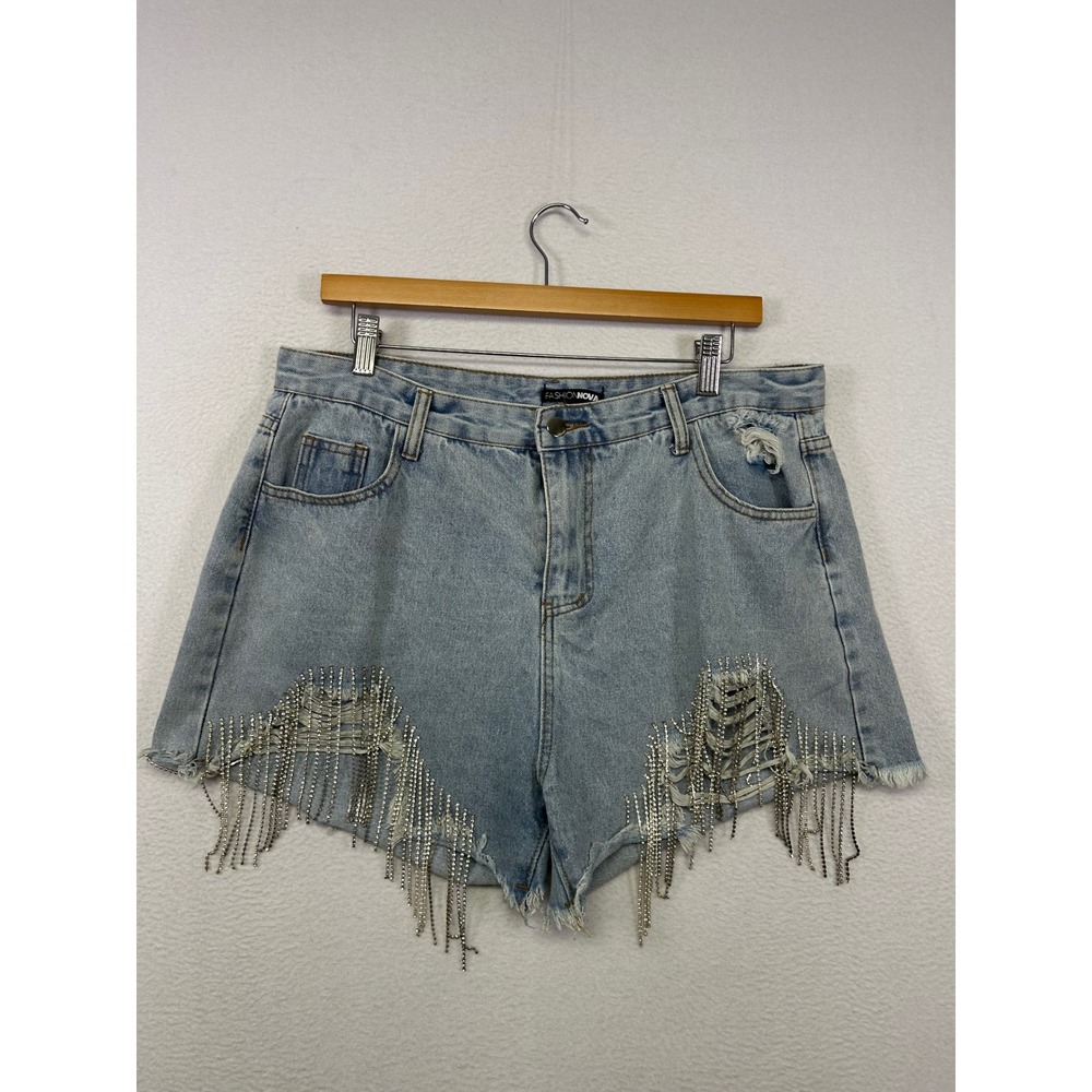 Festival Glam Fashion Nova Women XL Light Blue Rhinestone Fringe Denim Shorts
